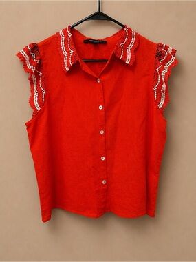 Marc New York Red Sleeveless Button-Down with Lace-Trim